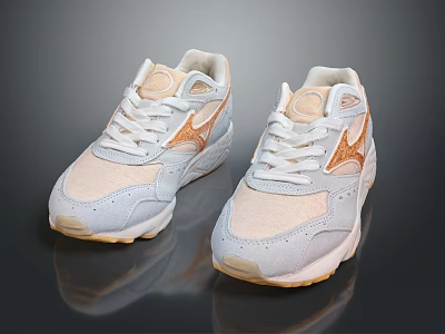 Light Beige Retro Athletic Shoes With Copper Accents Mesh Upper White Laces And Thick Sole 3d model