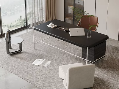 Modern Black Desk With Laptop Open Book Metal Frame And Chair In Room 3d model