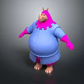 Cartoon Monster Character With Pink Head Limbs Blue Coat Horns And Big Belly