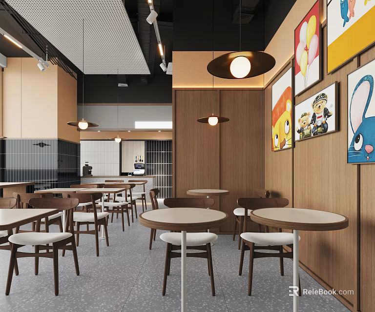 Modern Restaurant Interior With Round Tables Wooden Walls Decorative Paintings And Pendant Lights 3d model 