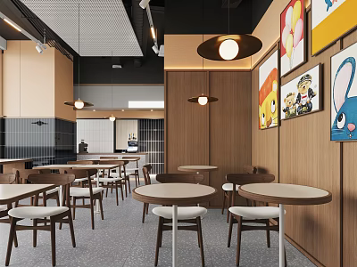 Modern Restaurant Interior With Round Tables Wooden Walls Decorative Paintings And Pendant Lights 3d model