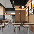 Modern Restaurant Interior With Round Tables Wooden Walls Decorative Paintings And Pendant Lights