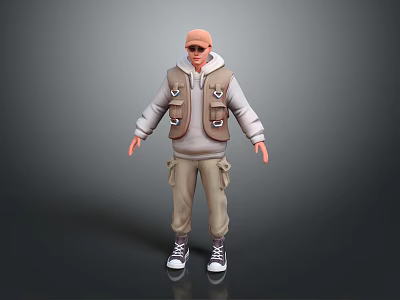 A Man Wearing Brown Vest Gray Hoodie Khaki Pants Sneakers And Orange Cap With Glasses 3d model