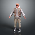 A Man Wearing Brown Vest Gray Hoodie Khaki Pants Sneakers And Orange Cap With Glasses