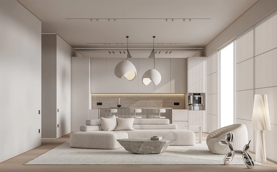 Modern Living Dining Room Interior With Beige Sofa Coffee Table Pendant Lights And Large Windows 3d model 