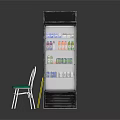 Commercial Upright Beverage Refrigerator With Bottled Drinks Chair And Warning Sign On Brick Floor