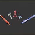 Colorful Fox And Dragon Like Fantasy Game Movie Character Models In Red White Pink Blue