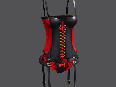 Black And Red Corset With Lace Trim Bow Accents And Suspenders 3d model