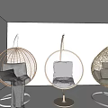 Modern Hanging Rattan Chairs With Metal Frames And Gray White Cushions In White Room
