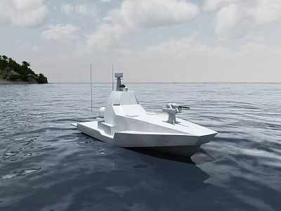 White Warship Sailing On Sea With Island Background 3d model