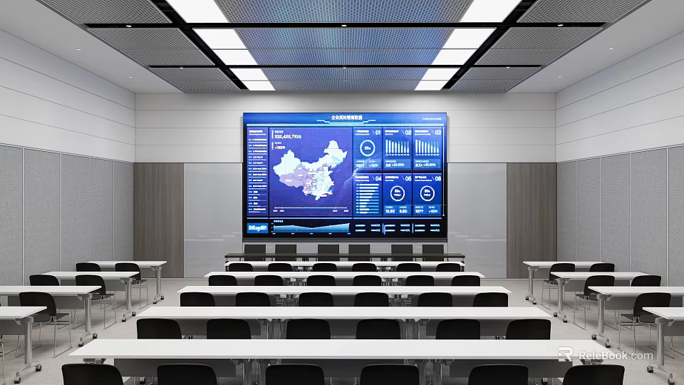 Modern Conference Room With Large Screen Data Charts And Seating Arrangement 3d model 