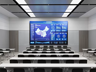 Modern Conference Room With Large Screen Data Charts And Seating Arrangement 3d model