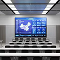Modern Conference Room With Large Screen Data Charts And Seating Arrangement
