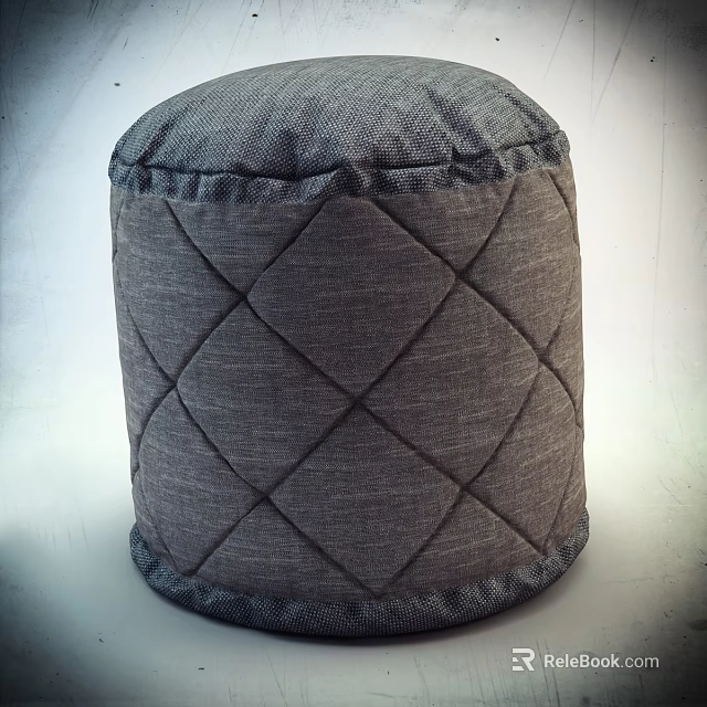 Gray Fabric Sofa Stool With Diamond Quilted Pattern And Cylindrical Shape 3d model 