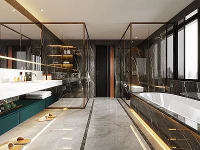Modern Bathroom Interior Design With Marble Tiles Glass Partition And Freestanding Bathtub 3d model