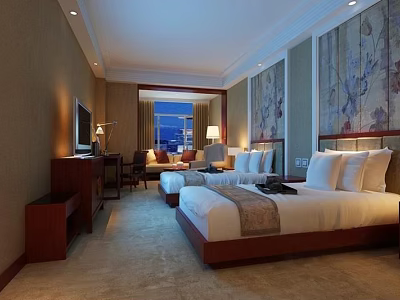 Modern Hotel Guest Room With Twin Beds Flat Screen TV And Floral Wall Art 3d model