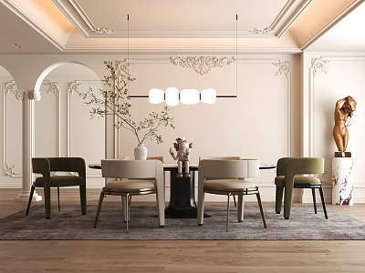 Elegant Modern Dining Room With Hanging Chandelier Dining Table Chairs Decorative Plant And Sculpture 3d model