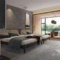 Hotel Guest Room Interior With Twin Beds Bedside Lamps Gray Walls And Artwork