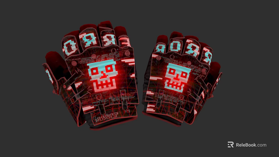 Red Pixel Style Gloves With Skull Design ORB Text And Digital Patterns 3d model 