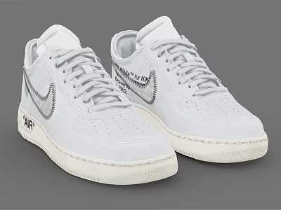 White Air Force 1 Shoes With White Leather Upper And Silver Swoosh Logo 3d model