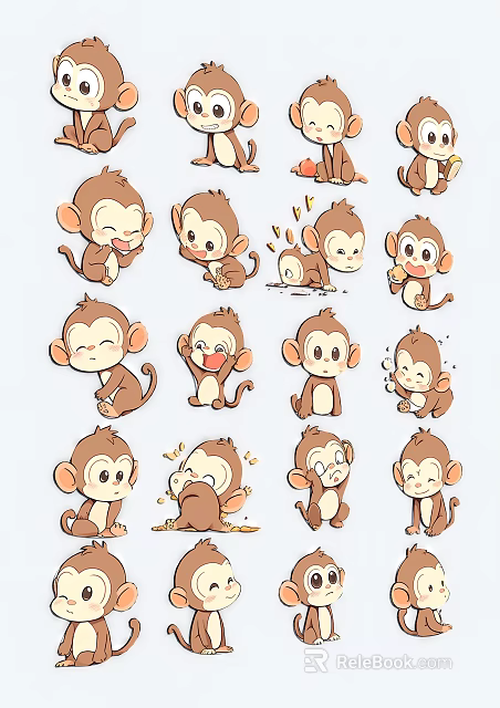 Cute Cartoon Monkey Wall Decor Stickers With Various Expressions And Actions 3d model 