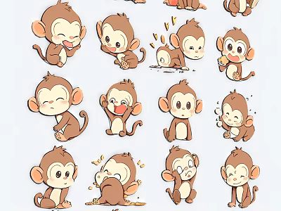 Cute Cartoon Monkey Wall Decor Stickers With Various Expressions And Actions 3d model