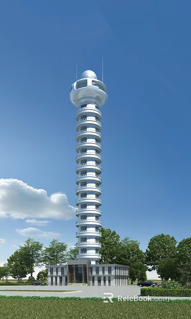 White Multi Level Tower With Balconies Against Blue Sky And White Clouds 3d model 