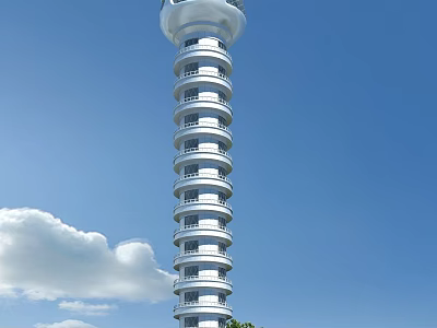 White Multi Level Tower With Balconies Against Blue Sky And White Clouds 3d model