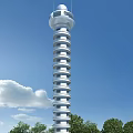 White Multi Level Tower With Balconies Against Blue Sky And White Clouds 3d model