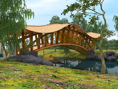 Scenic Wooden Bridge Structure Surrounded by Trees Pond and Green Grass 3d model