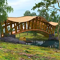Scenic Wooden Bridge Structure Surrounded by Trees Pond and Green Grass