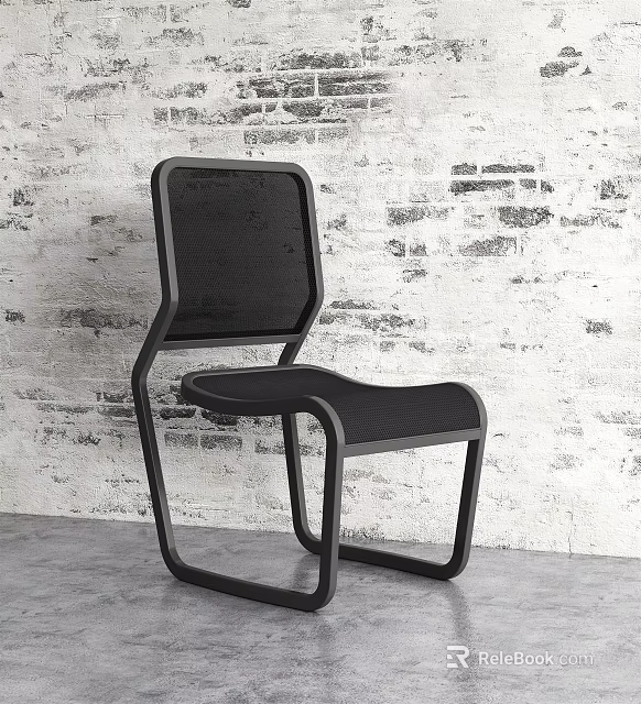 Black Modern Leisure Chair with Metal Frame and Mesh Backrest against Gray Brick Wall Background 3d model 