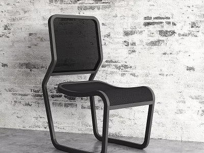 Black Modern Leisure Chair with Metal Frame and Mesh Backrest against Gray Brick Wall Background 3d model
