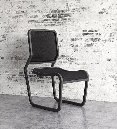 Black Modern Leisure Chair with Metal Frame and Mesh Backrest against Gray Brick Wall Background 3d model