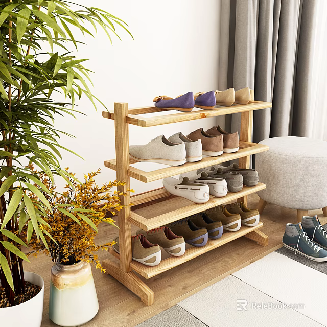 Wooden Multi Tier Shoe Rack Holding Various Shoes In Home Interior With Plant 3d model 