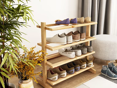 Wooden Multi Tier Shoe Rack Holding Various Shoes In Home Interior With Plant 3d model