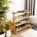 Wooden Multi Tier Shoe Rack Holding Various Shoes In Home Interior With Plant