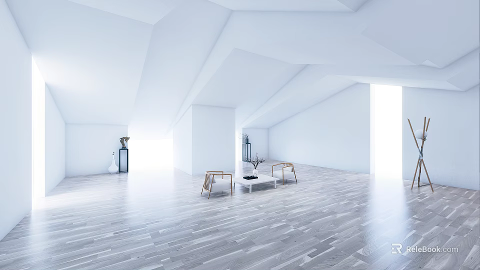 Sunny Spacious White Lounge Room With Wooden Floors Minimalist Furniture And Geometric Ceiling 3d model 