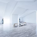 Sunny Spacious White Lounge Room With Wooden Floors Minimalist Furniture And Geometric Ceiling