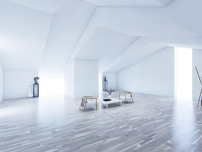 Sunny Spacious White Lounge Room With Wooden Floors Minimalist Furniture And Geometric Ceiling 3d model