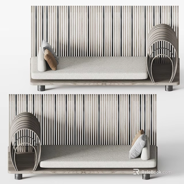 Multi Seater Sofa With Soft Fabric Cushion Decorative Pillows And Vertical Striped Wall Design 3d model 