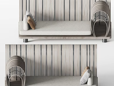 Multi Seater Sofa With Soft Fabric Cushion Decorative Pillows And Vertical Striped Wall Design 3d model