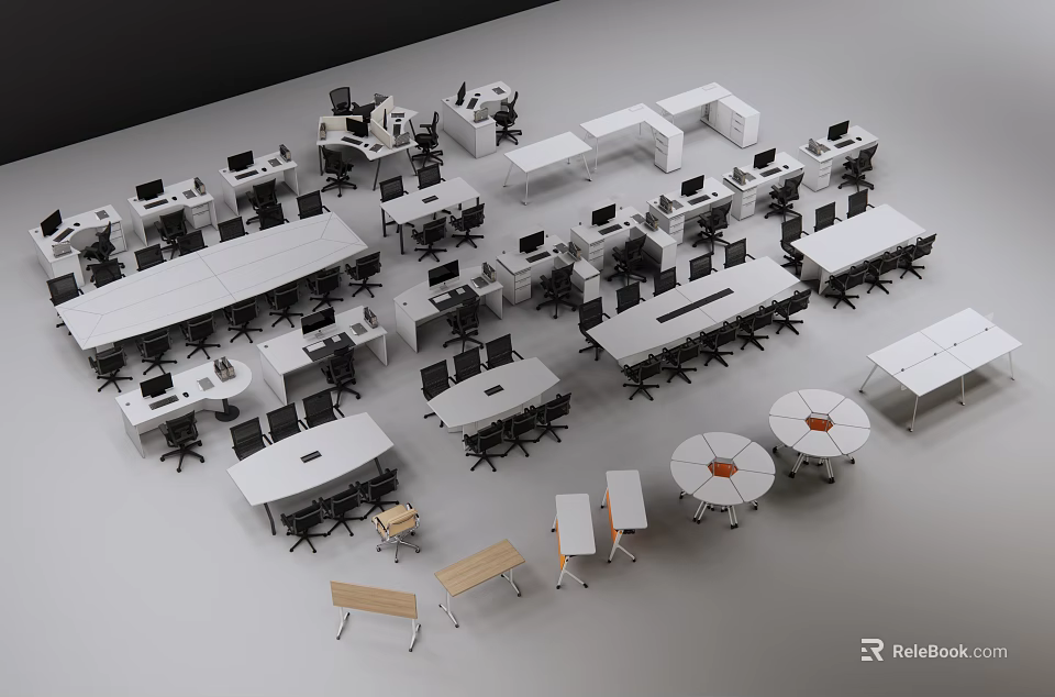 Varied Office Desks With Rectangular Round Tables Chairs And Storage Units 3d model 