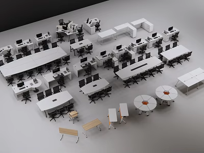 Varied Office Desks With Rectangular Round Tables Chairs And Storage Units 3d model