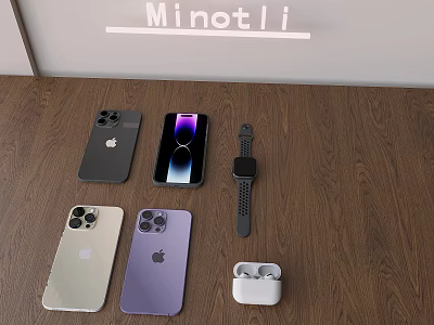 Apple Smartphones In Black White Purple With Smartwatch And Wireless Earbuds On Wooden Table 3d model