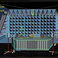 Blue Toned Recording Studio Interior With Soundproof Walls Control Console And Musical Instruments