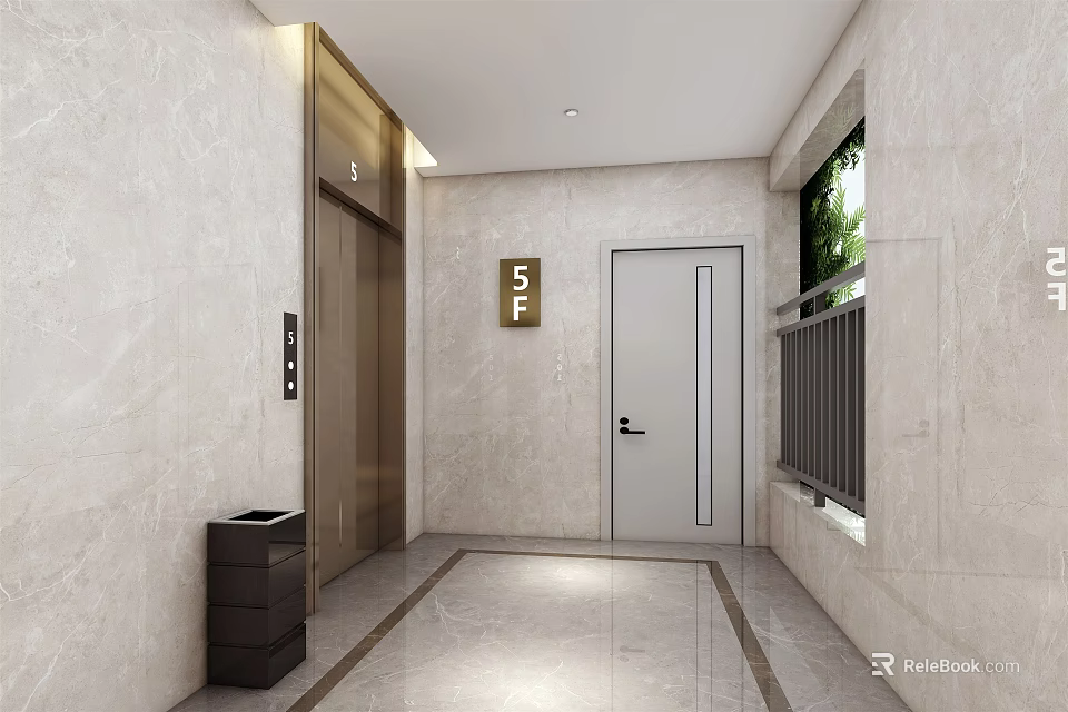 Modern Elevator Hallway Interior Design With Marble Walls Elevator Door And Trash Bin 3d model