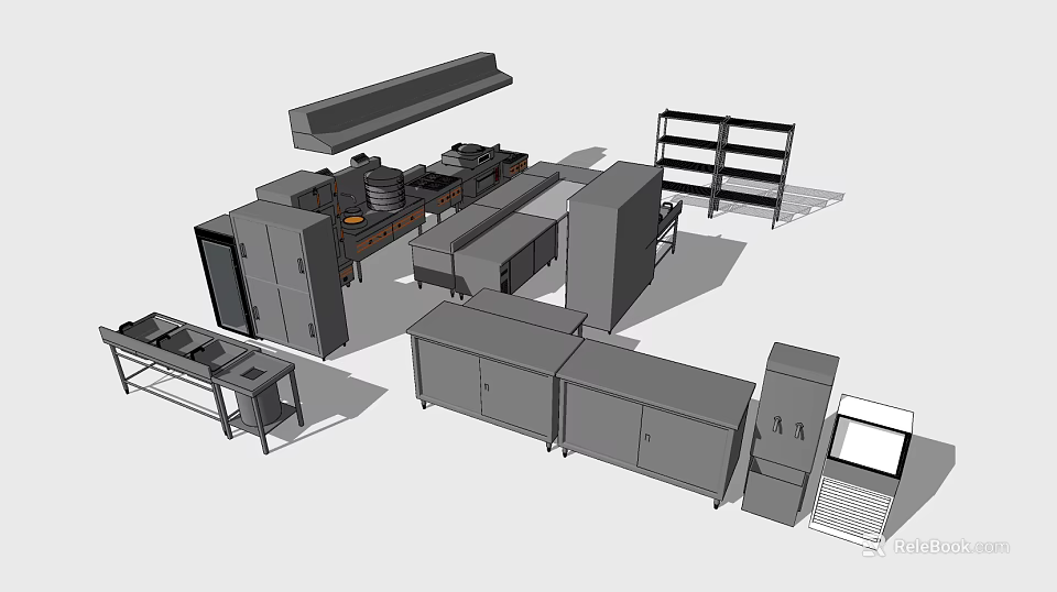 Modern Kitchen Interior With Cabinets Range Hood Stove Countertops Shelves And Appliances 3d model 