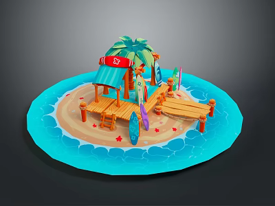 Tropical Beach Landscape With Wooden Dock Palm Trees Red Canopy Hut Blue Waters And Surfboards 3d model