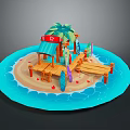 Tropical Beach Landscape With Wooden Dock Palm Trees Red Canopy Hut Blue Waters And Surfboards